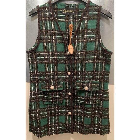 Spoon Jeans Jackets & Blazers - Spoon Jeans Green/Brown/Lurix Plaid Pearl Button Vest Women’s Size L NEW w/Tag